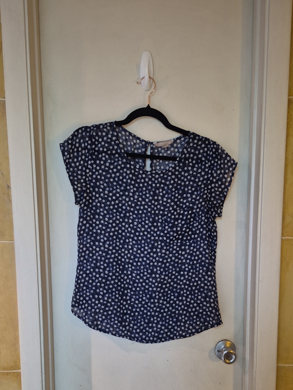 Sheer Banana Republic Navy and White Dot Cap Sleeve Blouse